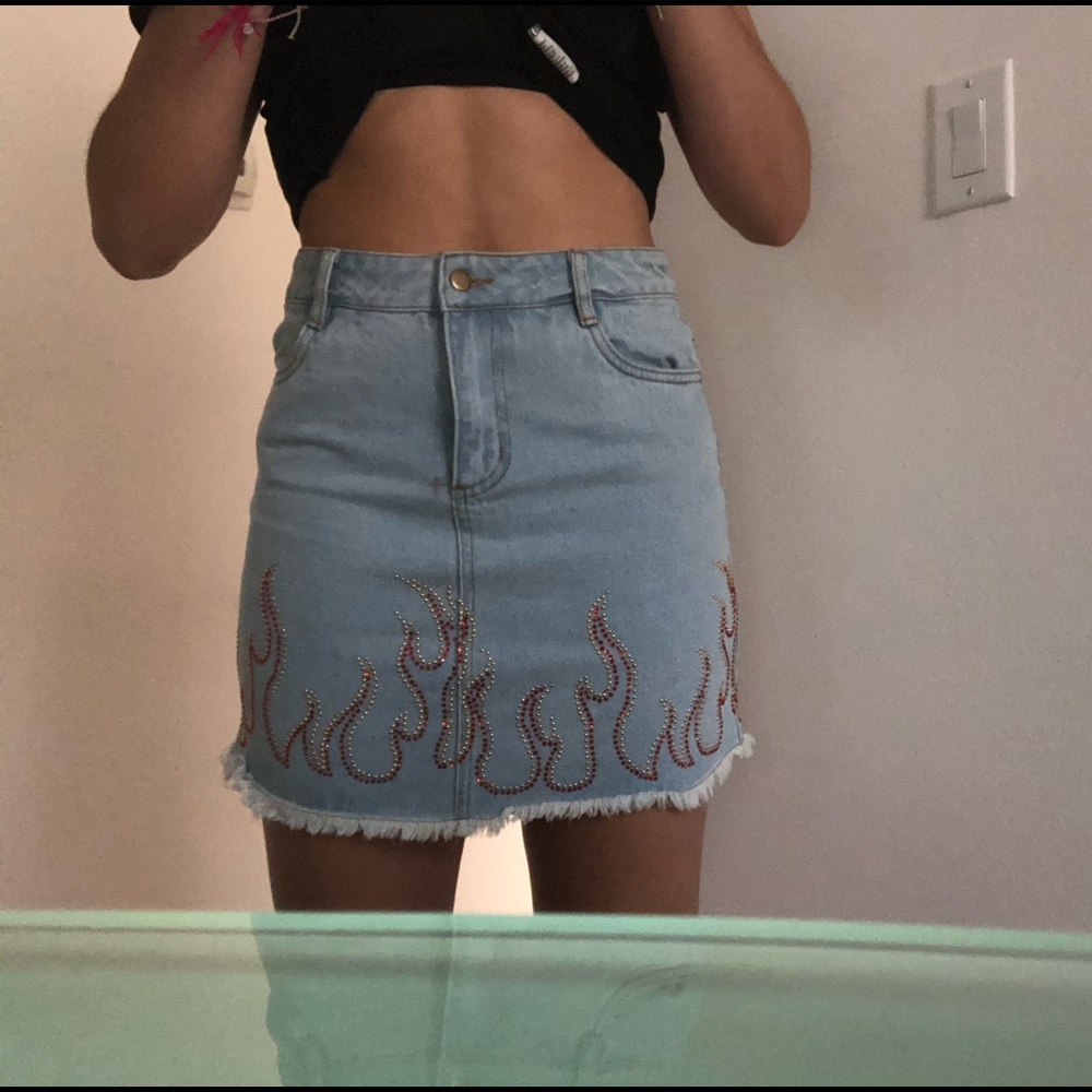 jean skirt with rhinestone fire outline